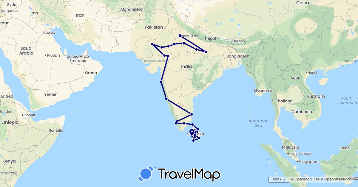 TravelMap itinerary: driving in India, Sri Lanka (Asia)